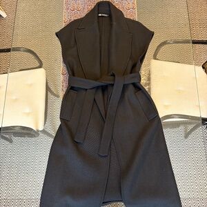 Zara XS black wool long wrap vest with shawl collar, side pockets, and tie.